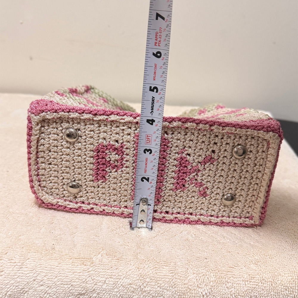 Brigit-Mary Pink Beige Crochet Floral Top Handle Satchel Handbag Knit Purse - Picture 9 of 10